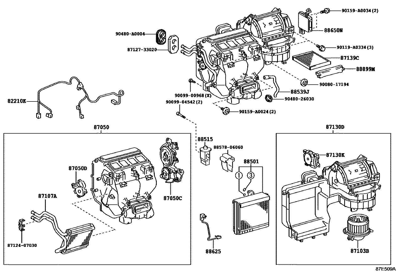 Toyota CAMRY 暖风和空调系统 - 冷却器组件 EPC diagram — 87E509A