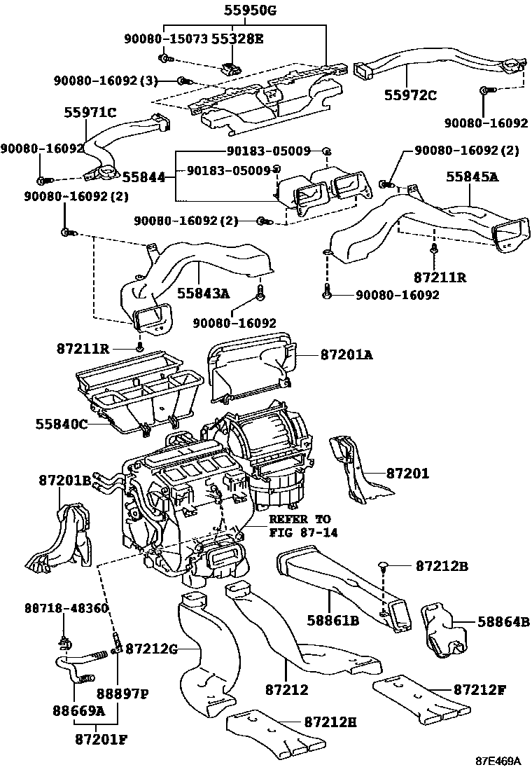 Toyota CAMRY 暖风和空调系统 - 控制器和风管 EPC diagram — 87E469A