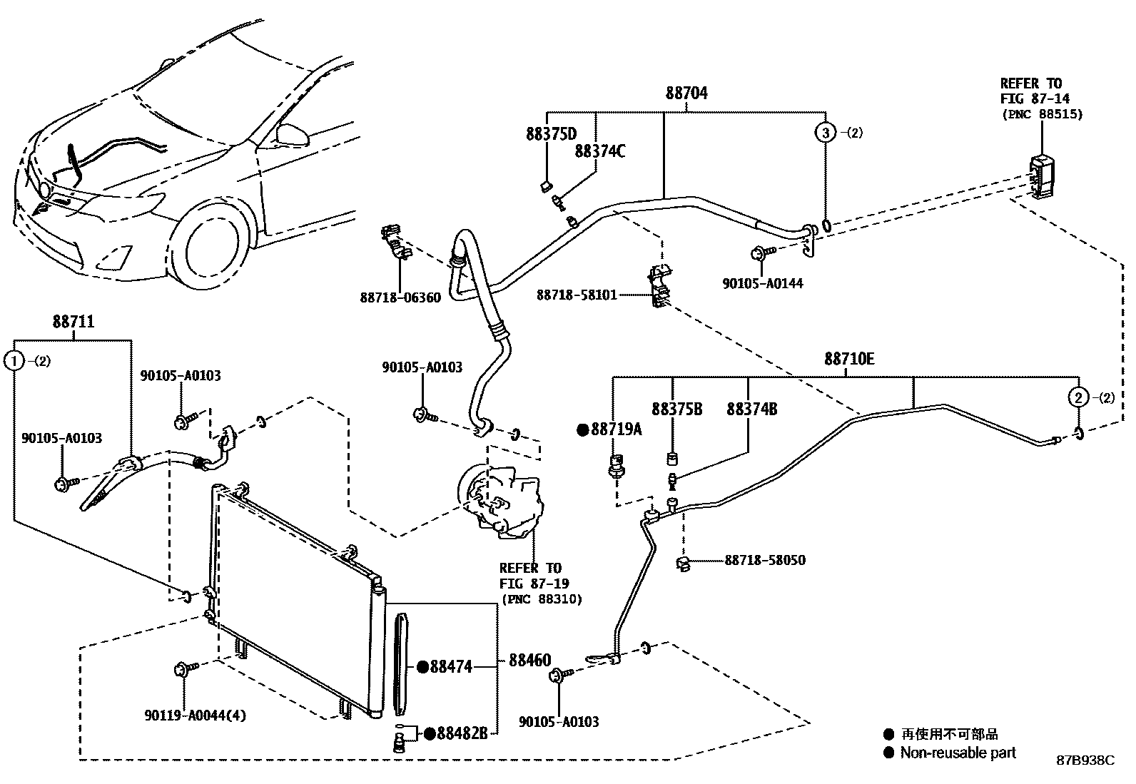 Toyota CAMRY Heating & Air Conditioning - Cooler Piping EPC diagram — 87B938C