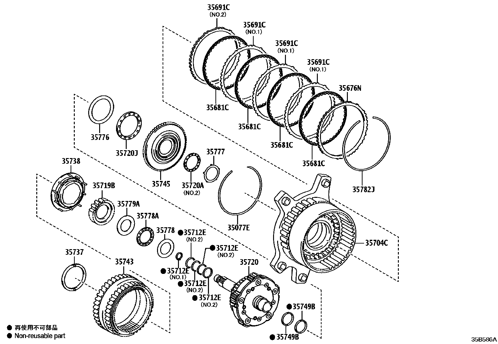 Toyota CAMRY 行星齿轮、倒档活塞和中间轴齿轮(ATM) EPC diagram — 35B586A
