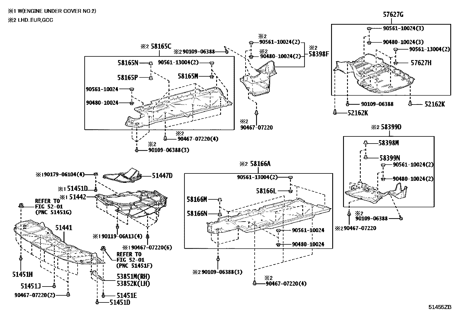 Toyota CAMRY 悬架横梁和发动机底罩 EPC diagram — 51455ZB
