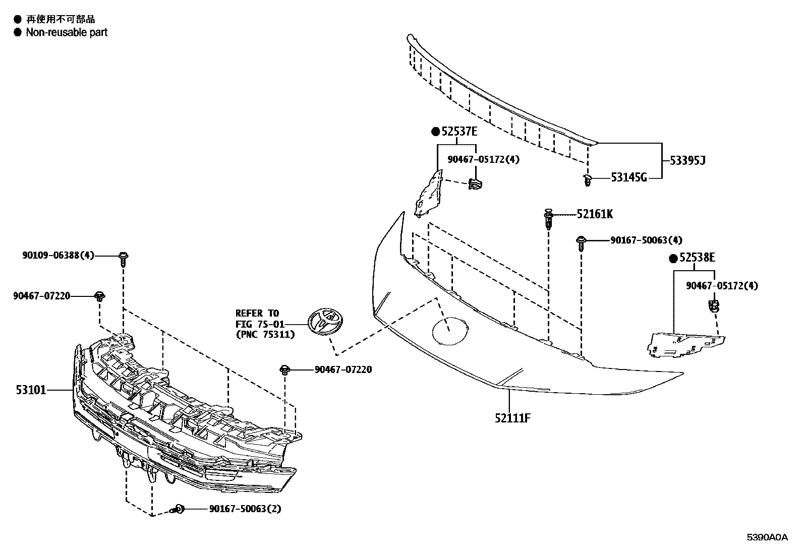 Toyota CAMRY radiator grille EPC diagram — 5390A0A