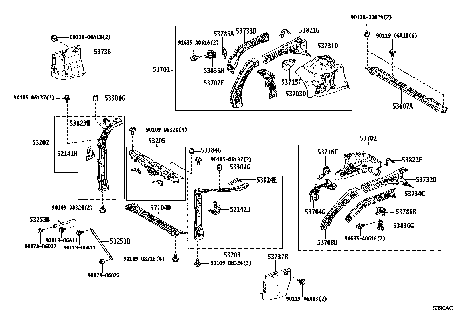 Toyota CAMRY 前翼子板挡泥板和前围板 EPC diagram — 5390AC