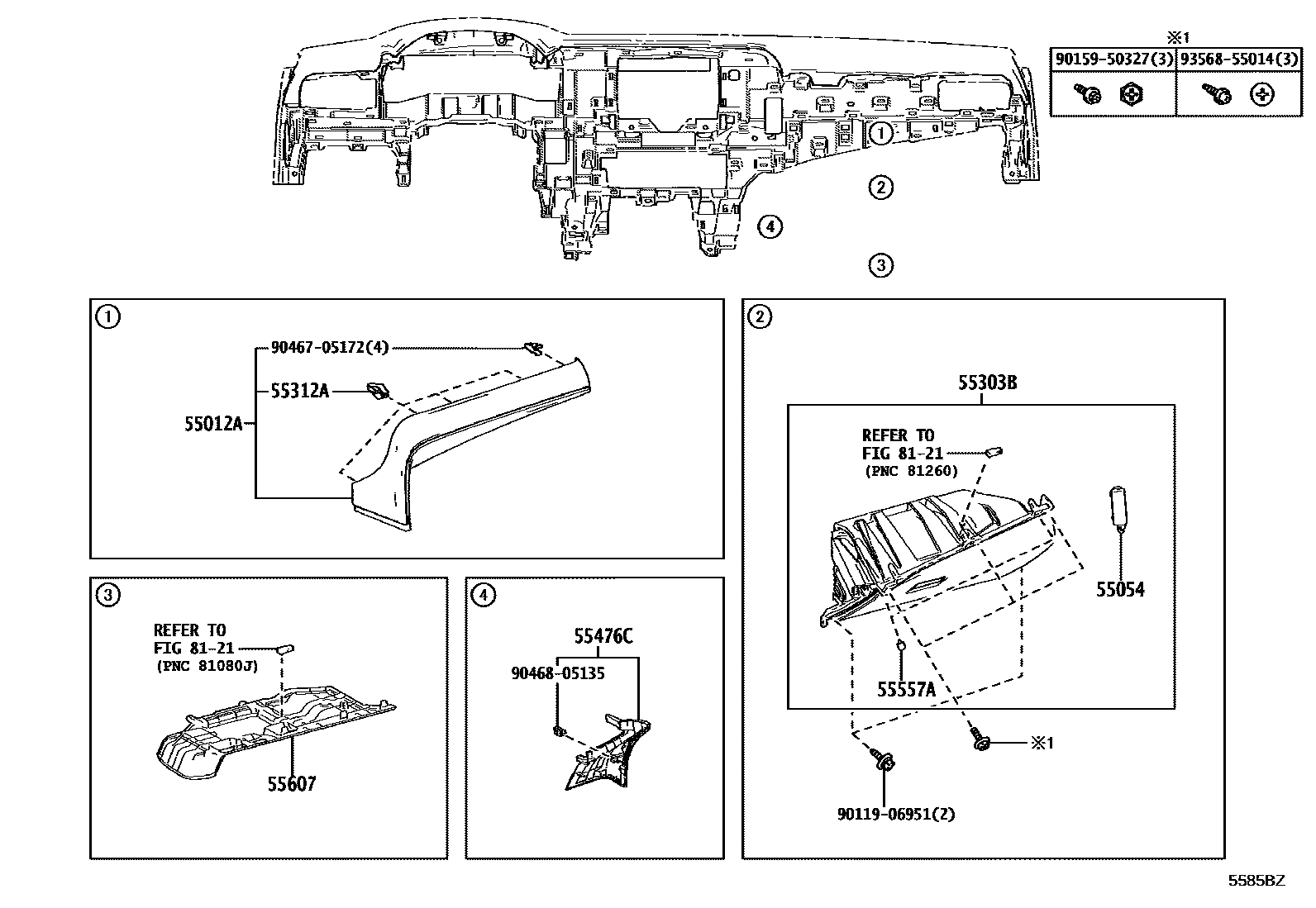 Toyota CAMRY 仪表板和手套箱 EPC diagram — 5585BZ