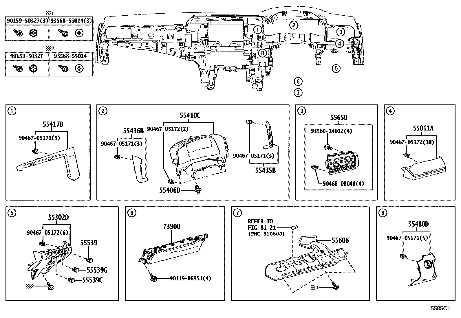Toyota CAMRY 仪表板和手套箱 EPC diagram — 5585C1