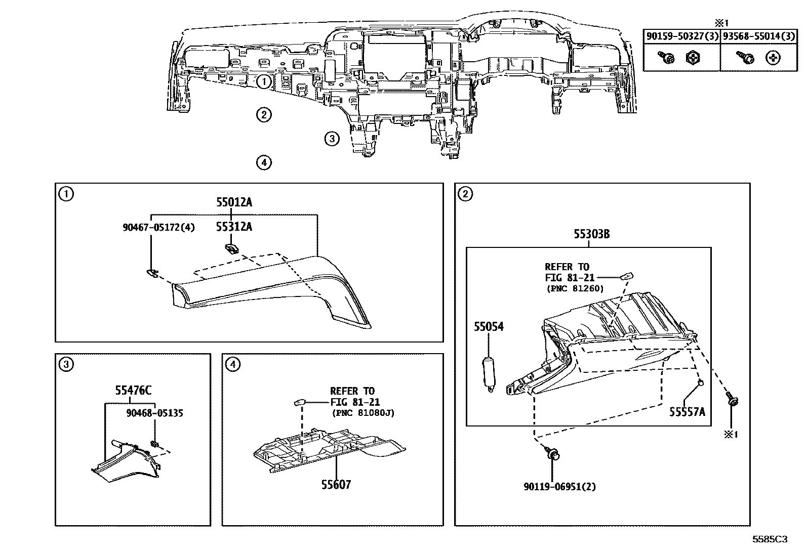 Toyota CAMRY 仪表板和手套箱 EPC diagram — 5585C3