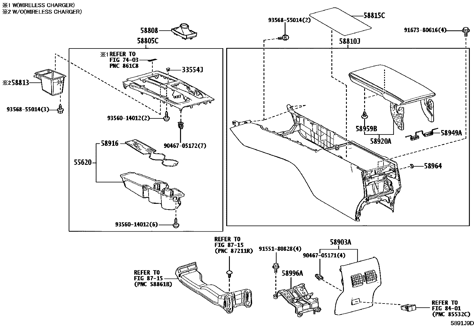 Toyota CAMRY 中央扶手箱和支架 EPC diagram — 5891J9D