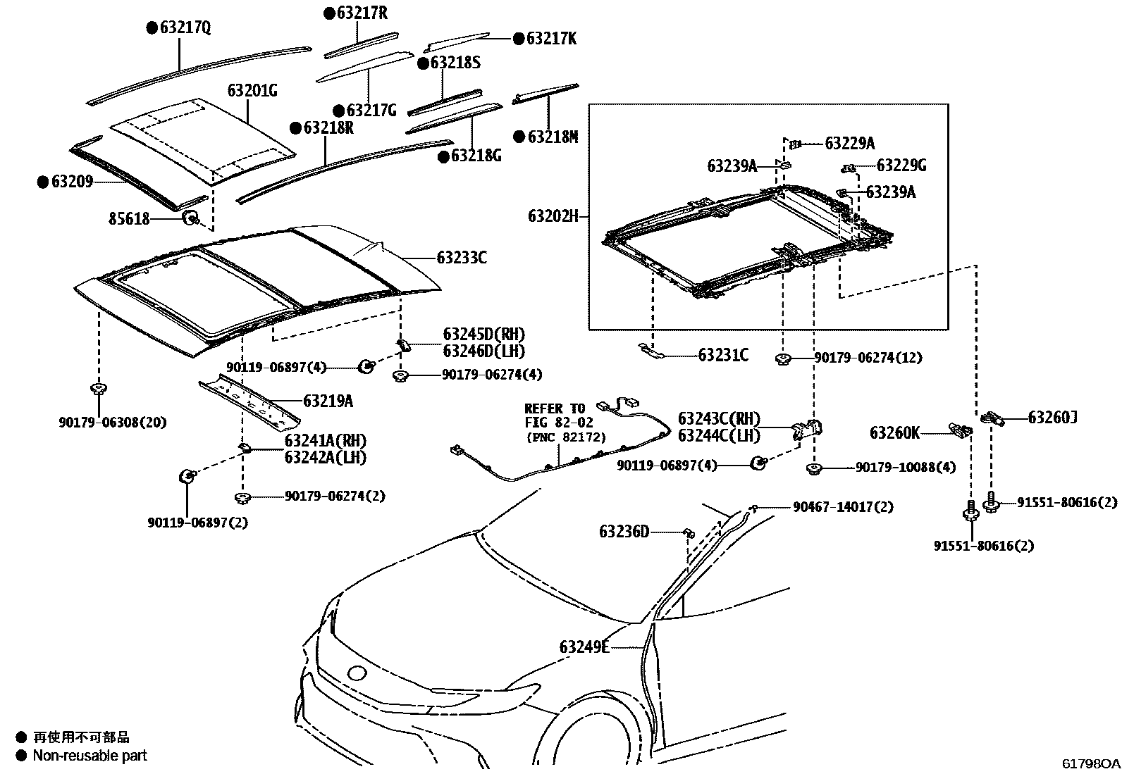 Toyota CAMRY 天窗板和背窗玻璃 EPC diagram — 61798OA