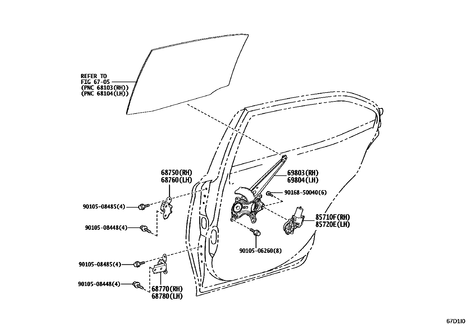 Toyota CAMRY 后门车窗升降器和合页 EPC diagram — 67D1I0