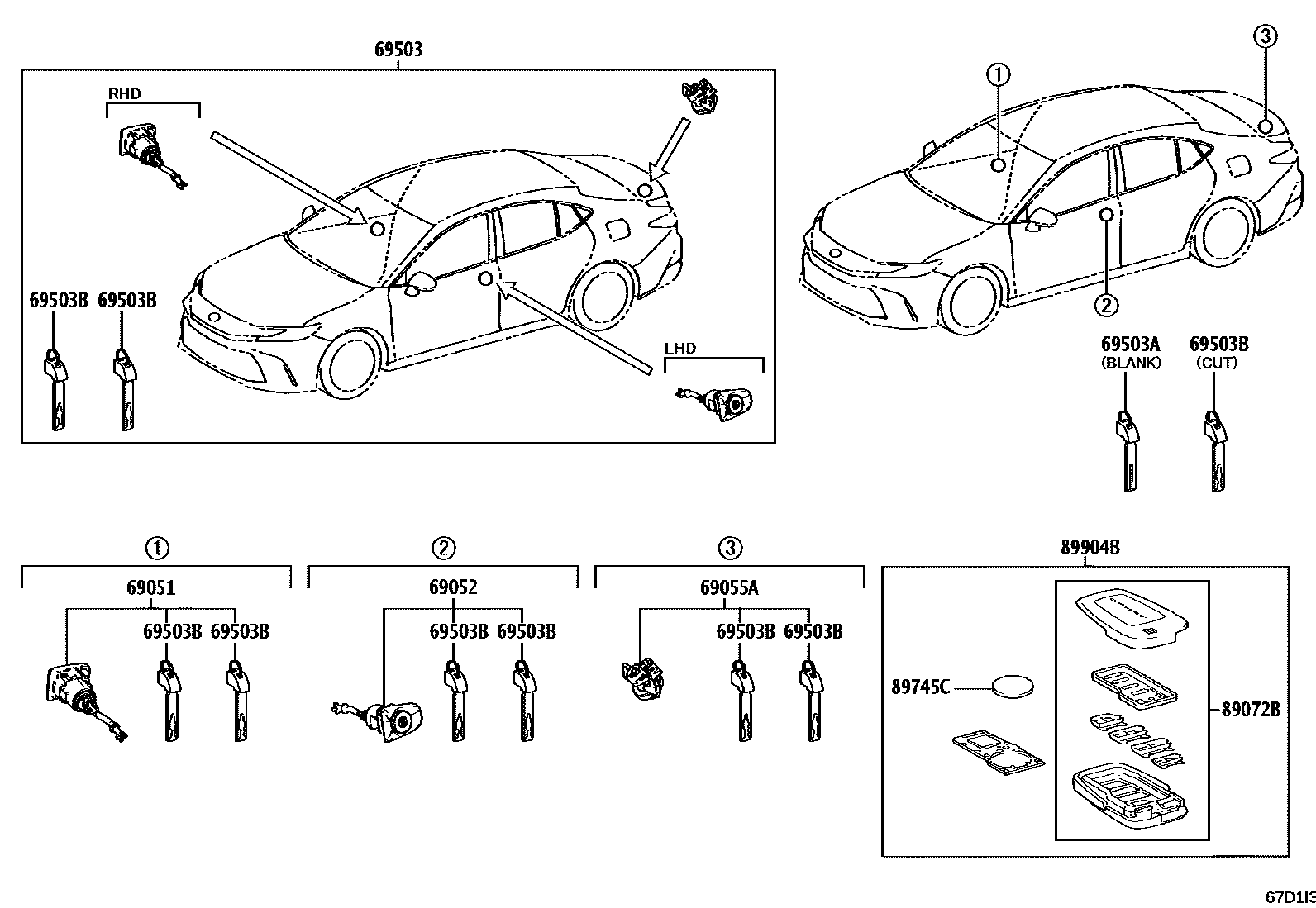 Toyota CAMRY 锁芯组件 EPC diagram — 67D1I3