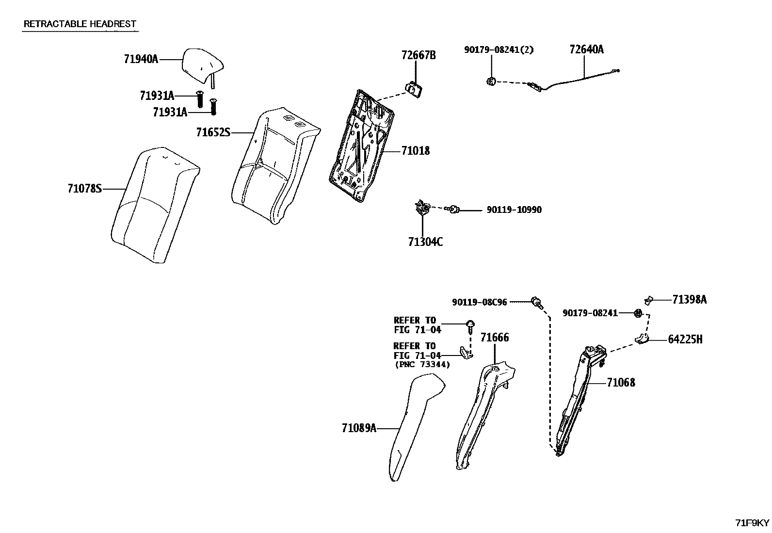 Toyota CAMRY 后排座椅和座椅滑轨 EPC diagram — 71F9KY