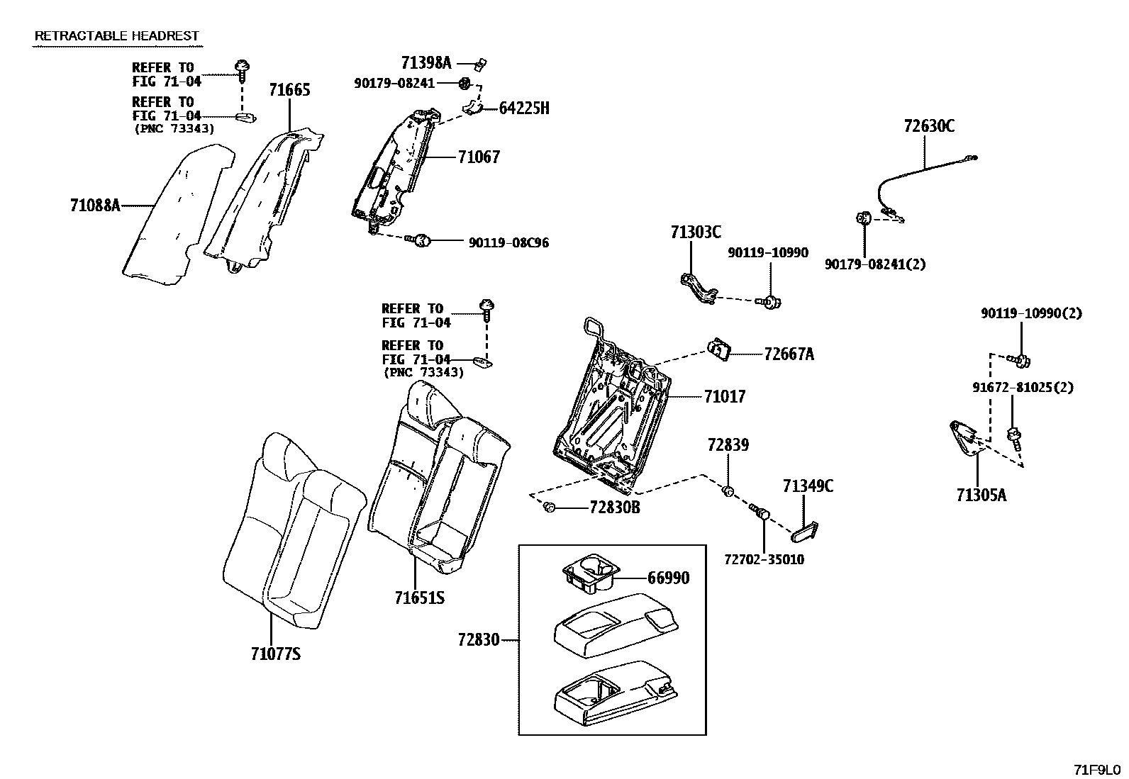 Toyota CAMRY 后排座椅和座椅滑轨 EPC diagram — 71F9L0