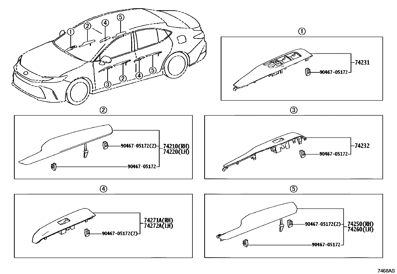 Toyota CAMRY 扶手和遮阳板 EPC diagram — 7468AS