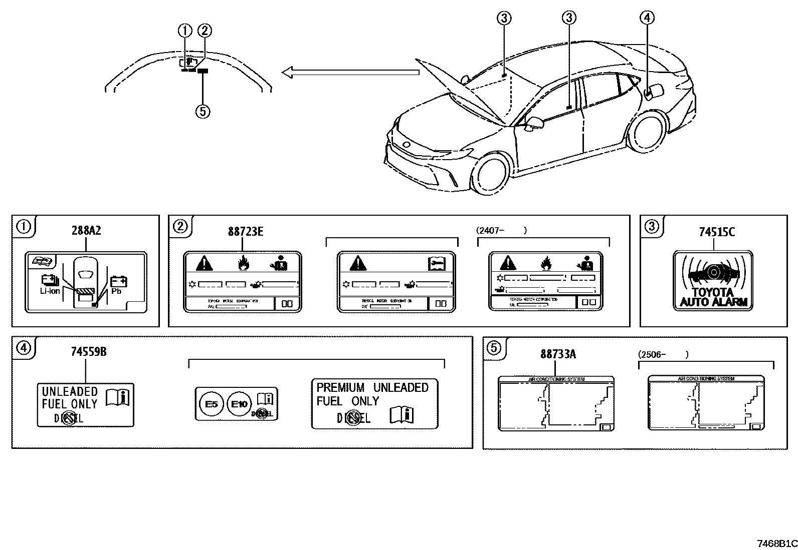 Toyota CAMRY 警示铭牌(车外和车内) EPC diagram — 7468B1C