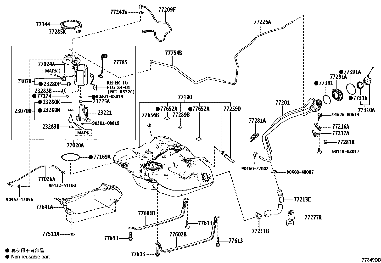 Toyota CAMRY 燃油箱和燃油管 EPC diagram — 77649DB
