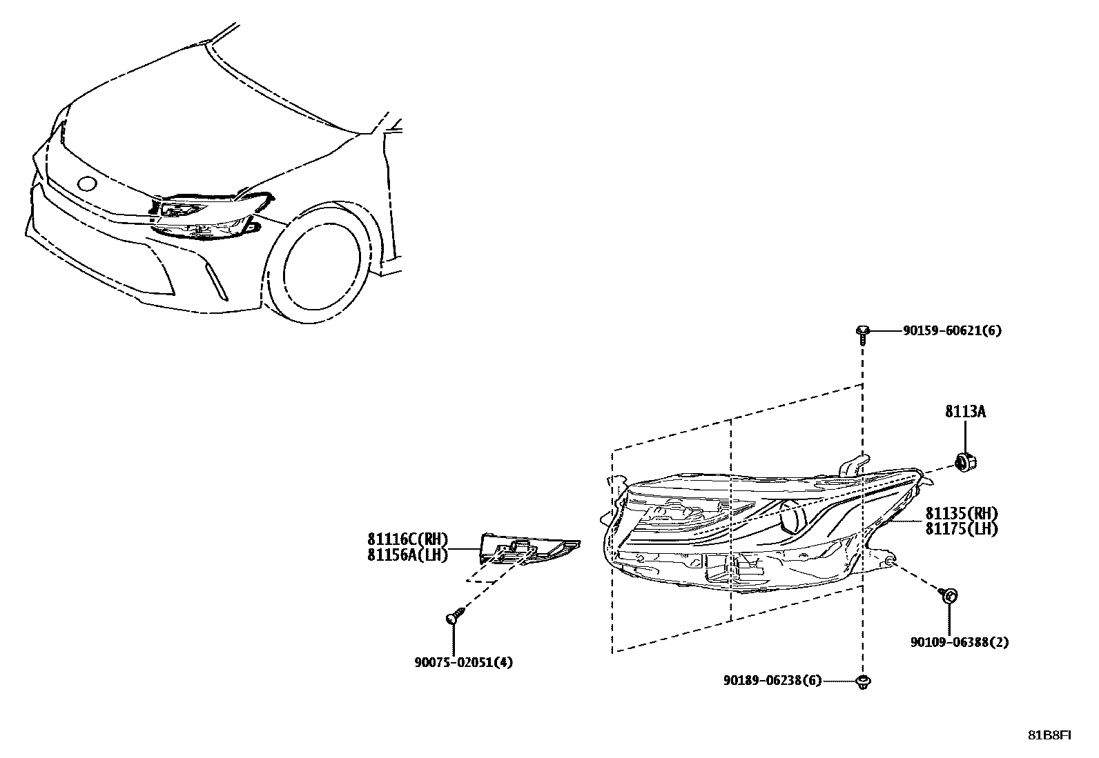 Toyota CAMRY Headlamp EPC diagram — 81B8FI