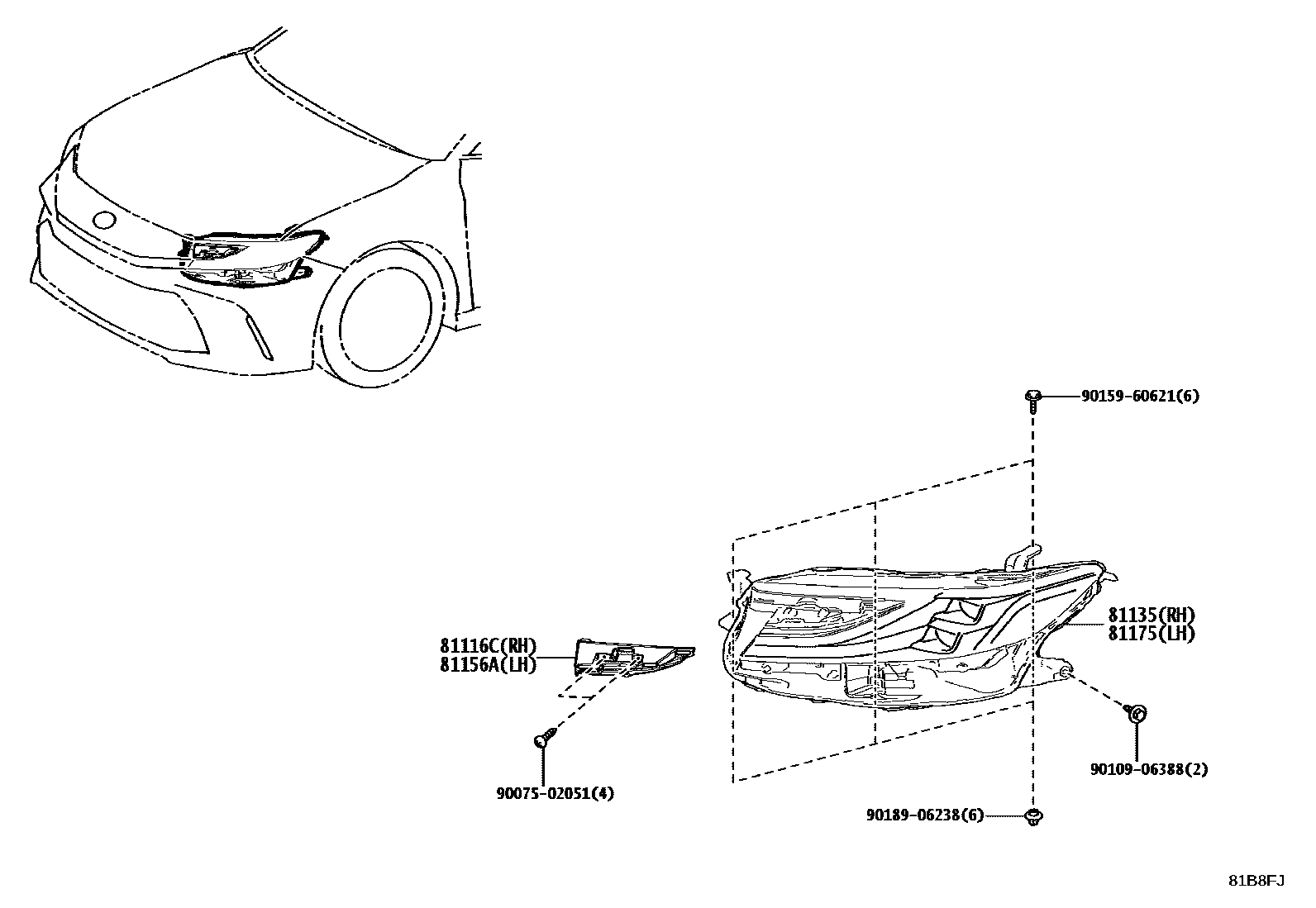 Toyota CAMRY Headlamp EPC diagram — 81B8FJ