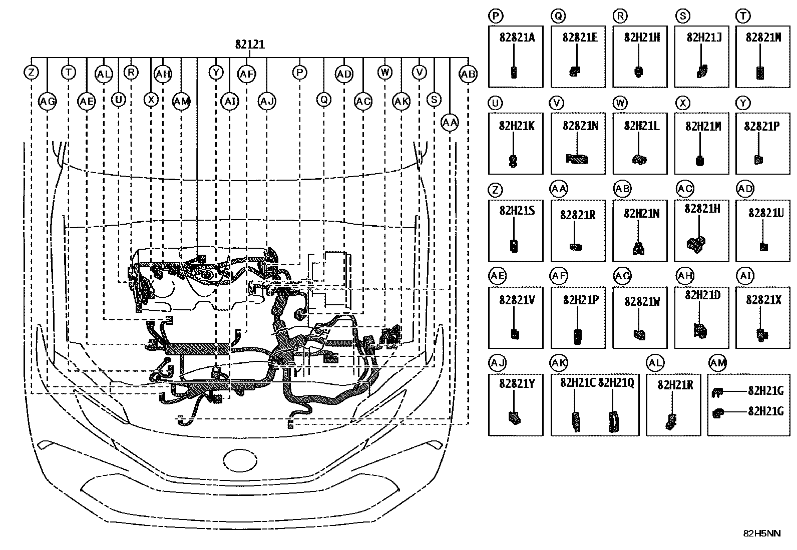 Toyota CAMRY 线束和卡夹 EPC diagram — 82H5NN