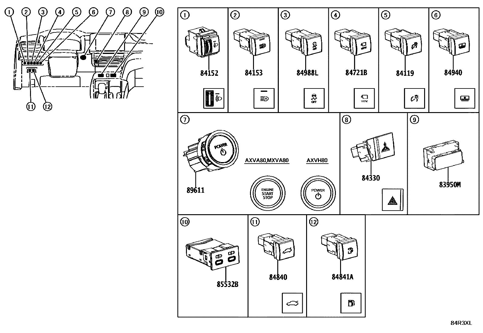 Toyota CAMRY 开关和继电器和ECU EPC diagram — 84R3XL