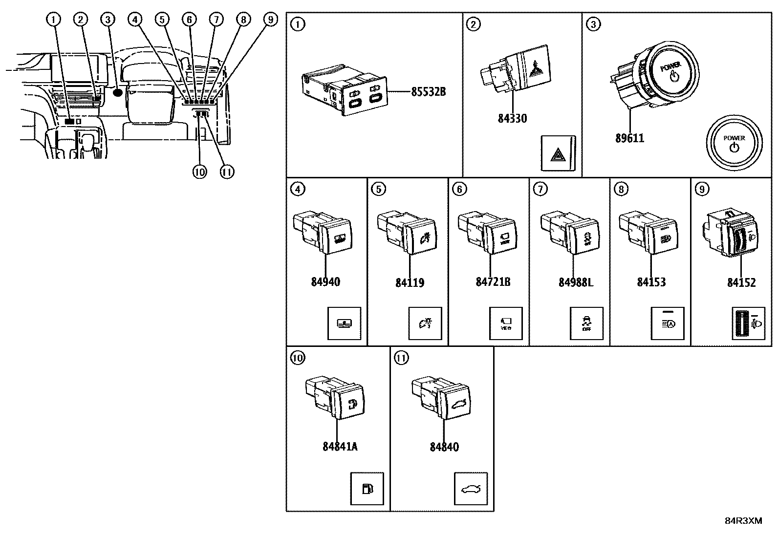 Toyota CAMRY 开关和继电器和ECU EPC diagram — 84R3XM
