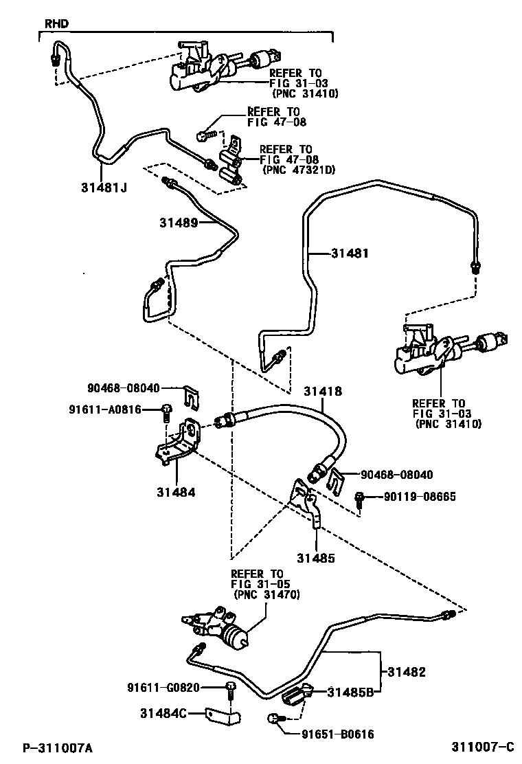 Toyota CAMRY 离合器踏板和挠性软管 EPC diagram — 311007C
