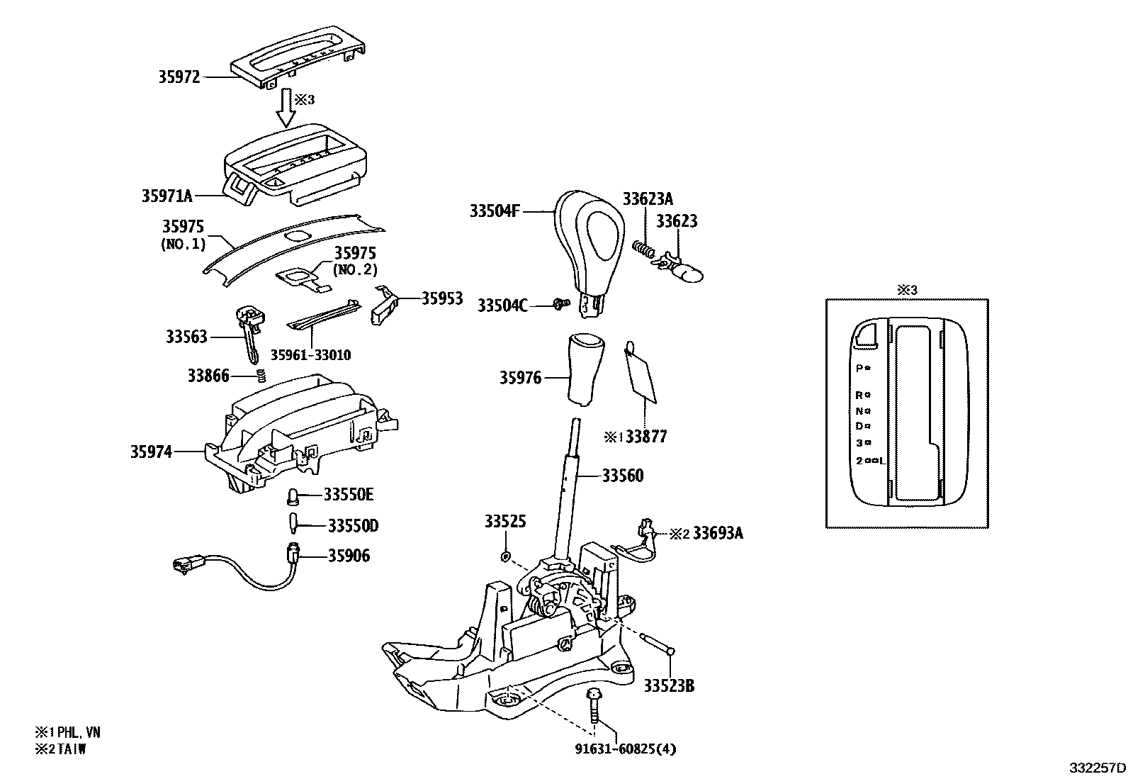 Toyota CAMRY Shift Lever & Retainer EPC diagram — 332257D
