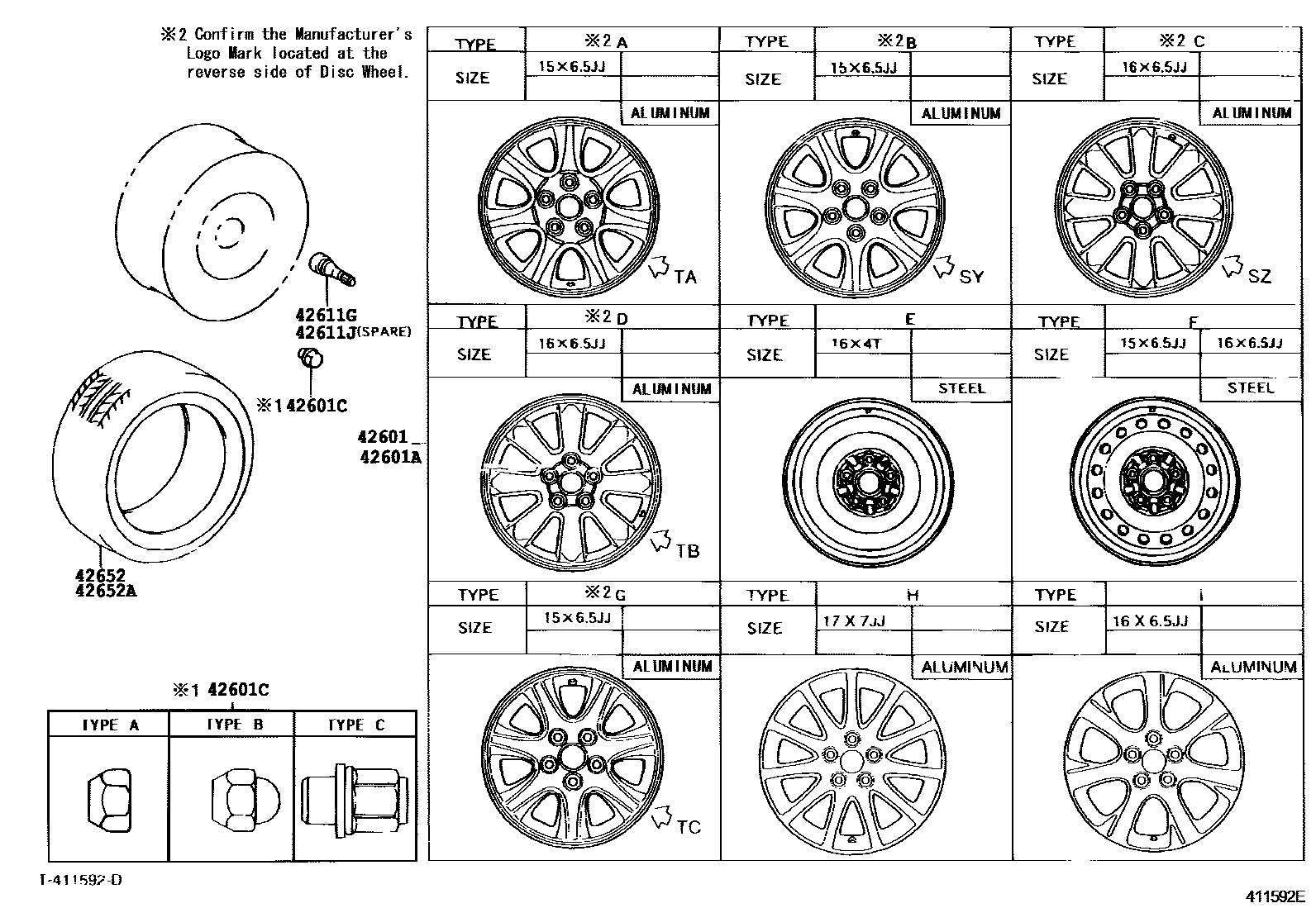 Toyota CAMRY 车轮和车轮盖 EPC diagram — 411592E