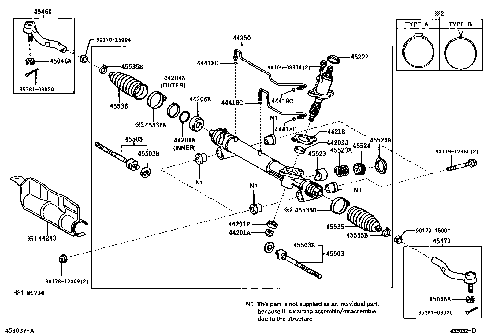 Toyota CAMRY 前转向齿轮和连杆 EPC diagram — 453032D