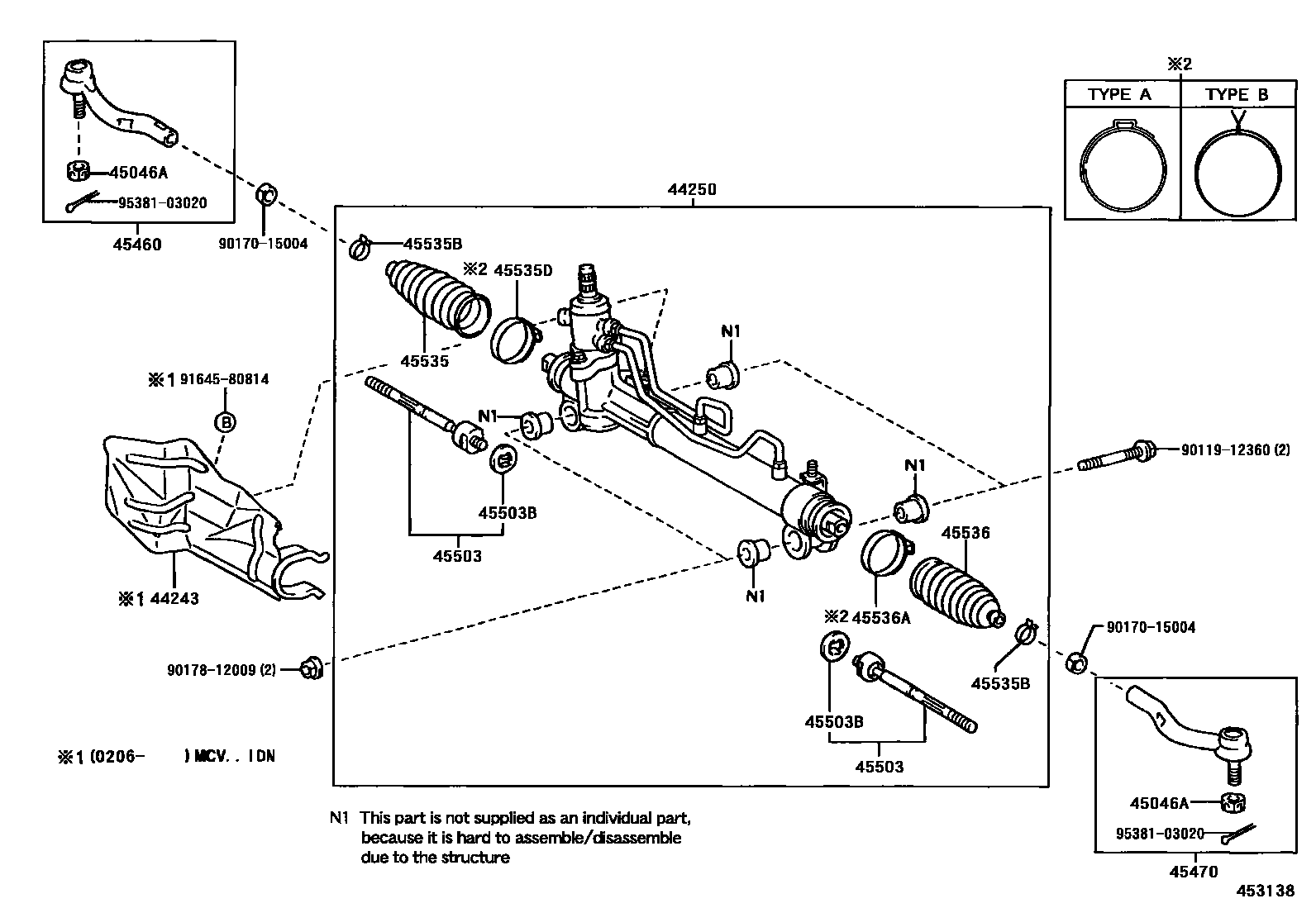 Toyota CAMRY 前转向齿轮和连杆 EPC diagram — 453138
