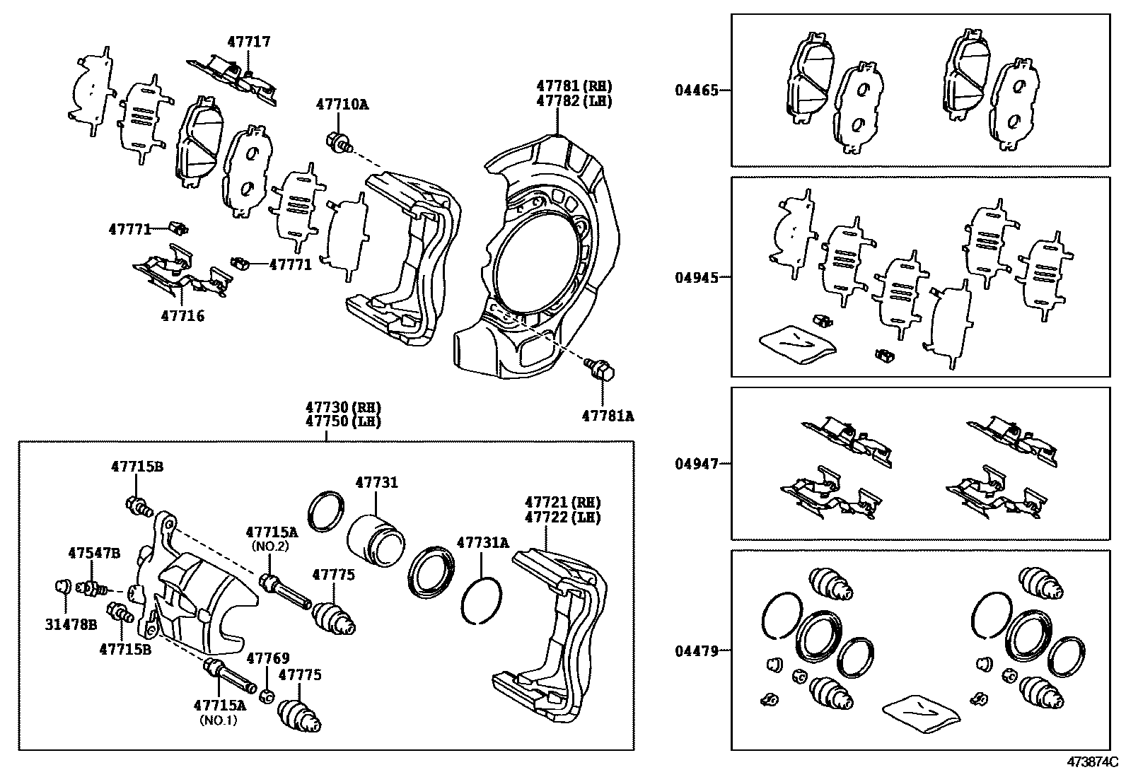 Toyota CAMRY 前盘式制动器卡钳和防尘罩 EPC diagram — 473874C