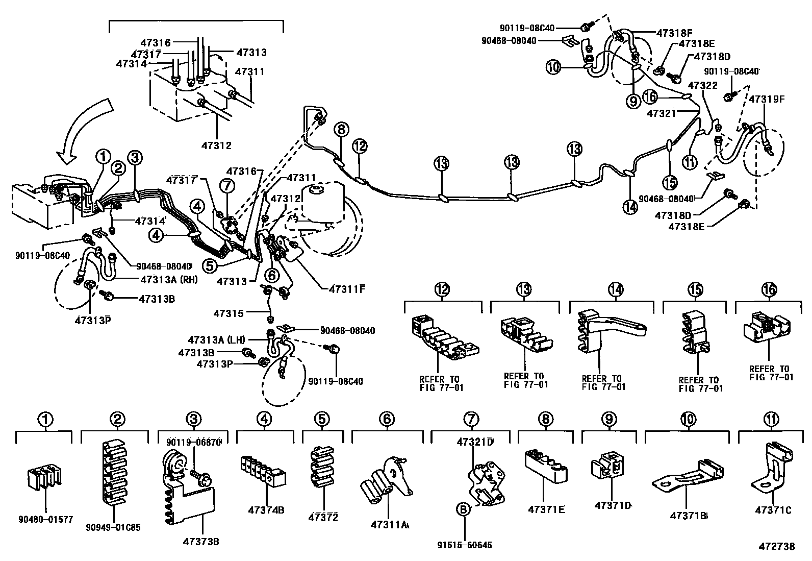 Toyota CAMRY 制动配管和卡箍 EPC diagram — 472738