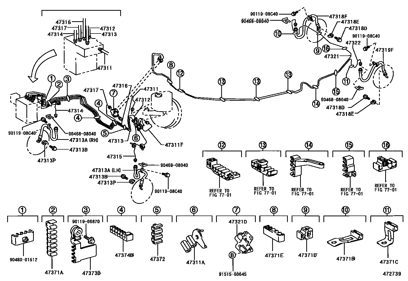 Toyota CAMRY 制动配管和卡箍 EPC diagram — 472739