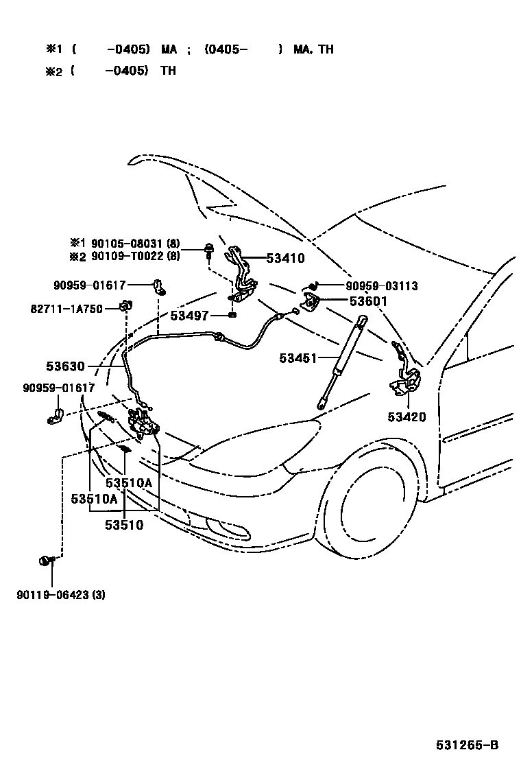 Toyota CAMRY 发动机盖锁和铰链 EPC diagram — 531265B