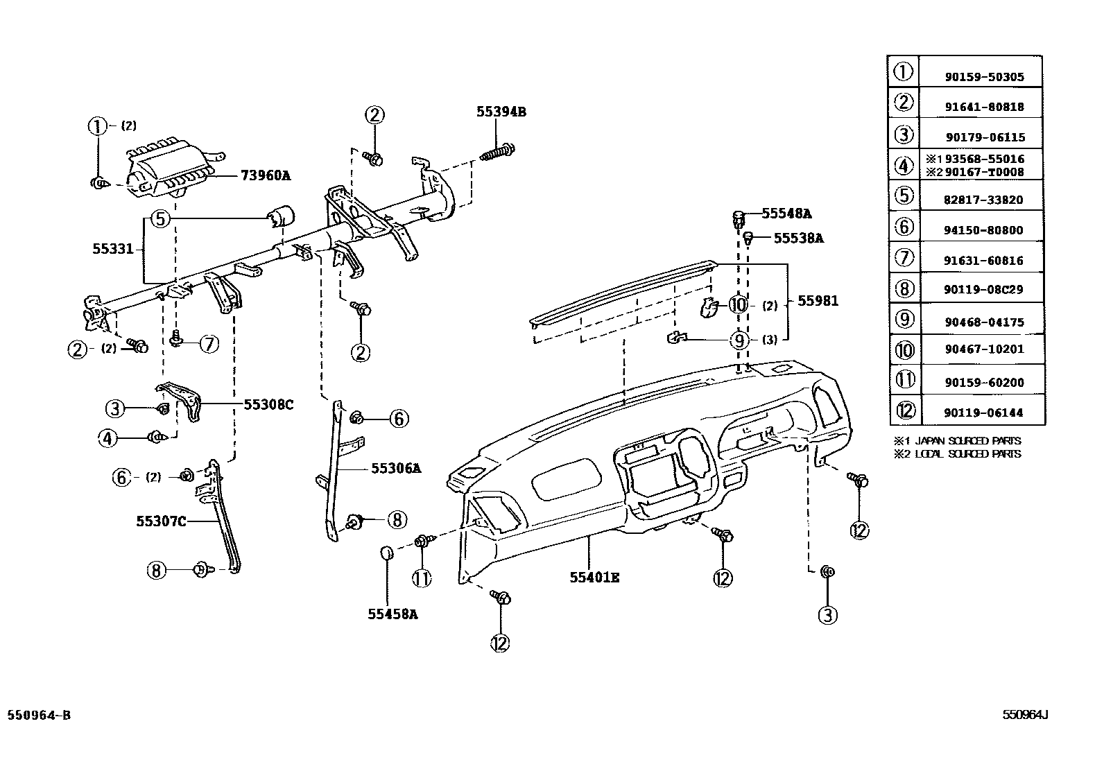Toyota CAMRY 仪表板和手套箱 EPC diagram — 550964J