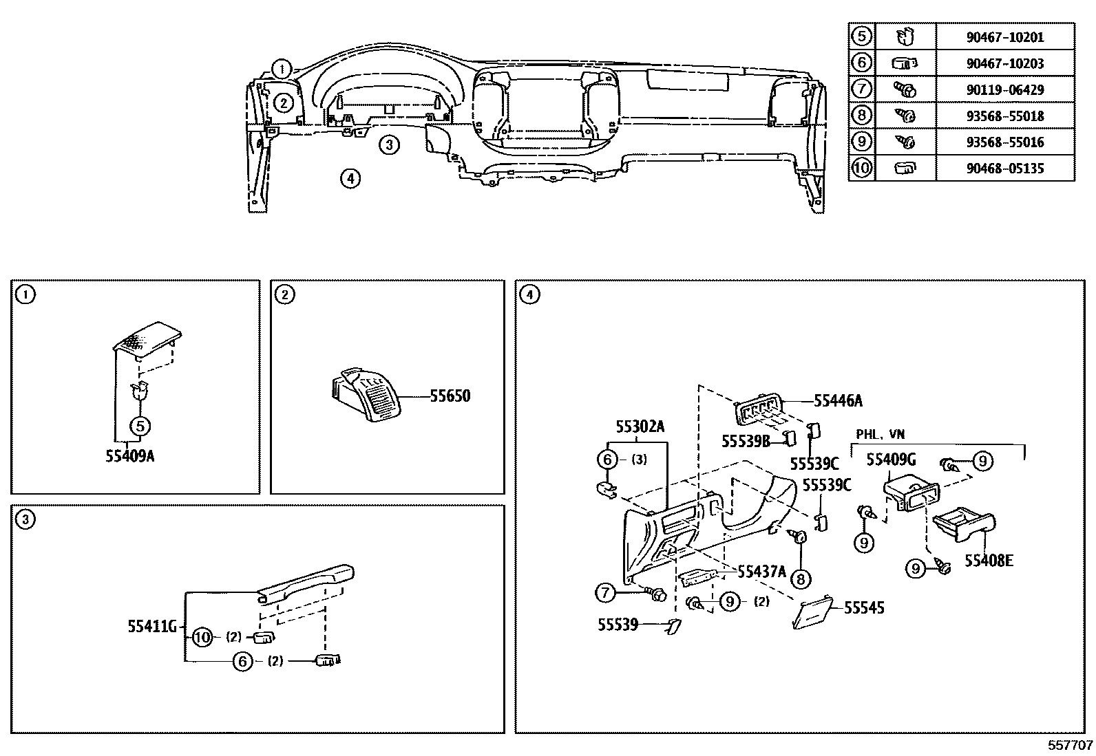Toyota CAMRY 仪表板和手套箱 EPC diagram — 557707