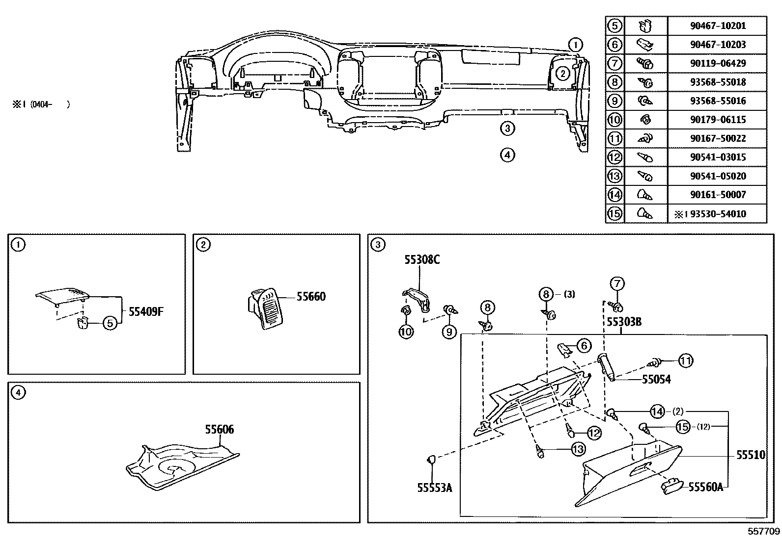 Toyota CAMRY 仪表板和手套箱 EPC diagram — 557709