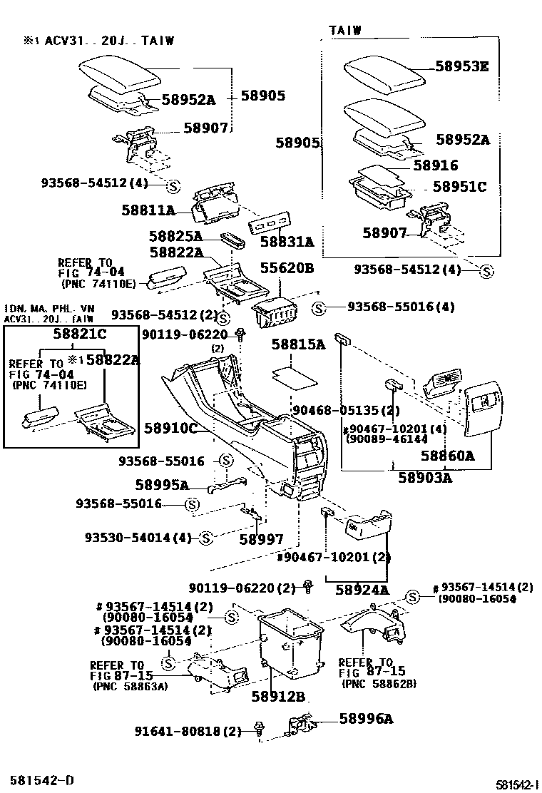 Toyota CAMRY 中央扶手箱和支架 EPC diagram — 581542I