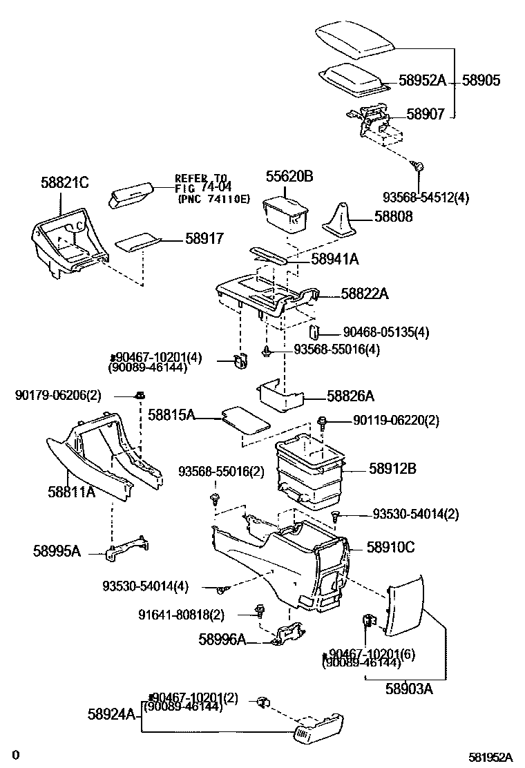 Toyota CAMRY 中央扶手箱和支架 EPC diagram — 581952A