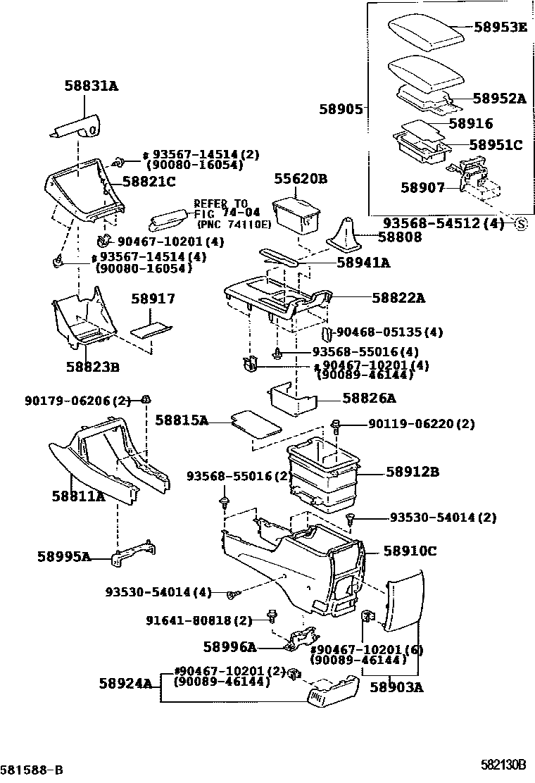 Toyota CAMRY 中央扶手箱和支架 EPC diagram — 582130B