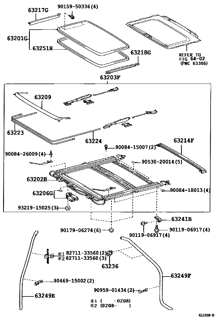 Toyota CAMRY 天窗板和背窗玻璃 EPC diagram — 611558B