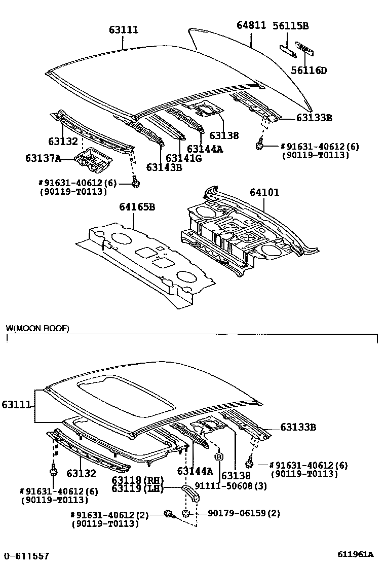 Toyota CAMRY 天窗板和背窗玻璃 EPC diagram — 611961A