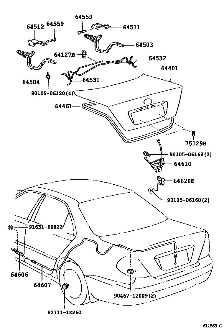 Toyota CAMRY 行李箱门和行李箱锁 EPC diagram — 611563C
