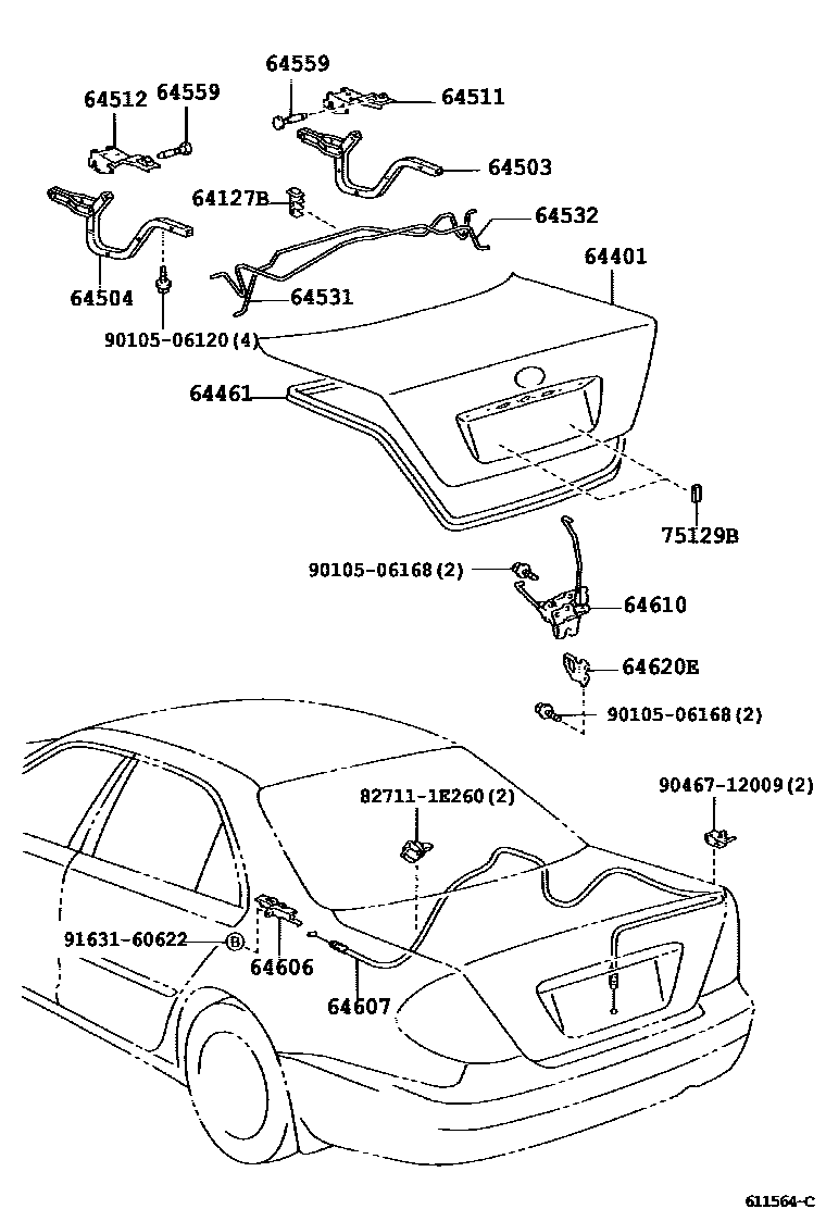 Toyota CAMRY 行李箱门和行李箱锁 EPC diagram — 611564C