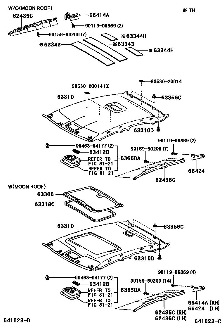 Toyota CAMRY 车顶内衬和消声垫 EPC diagram — 641023C