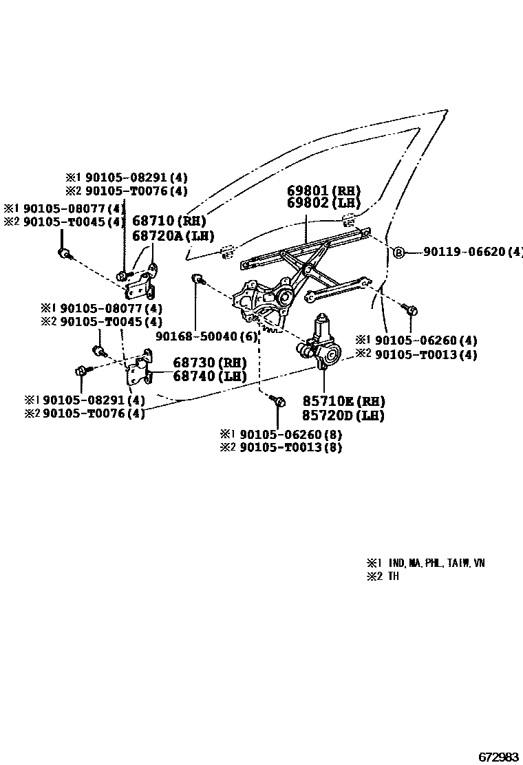 Toyota CAMRY 前门车窗升降器和合页 EPC diagram — 672983E