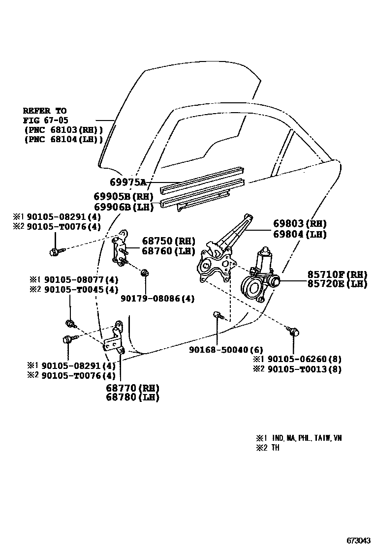 Toyota CAMRY 后门车窗升降器和合页 EPC diagram — 673043B