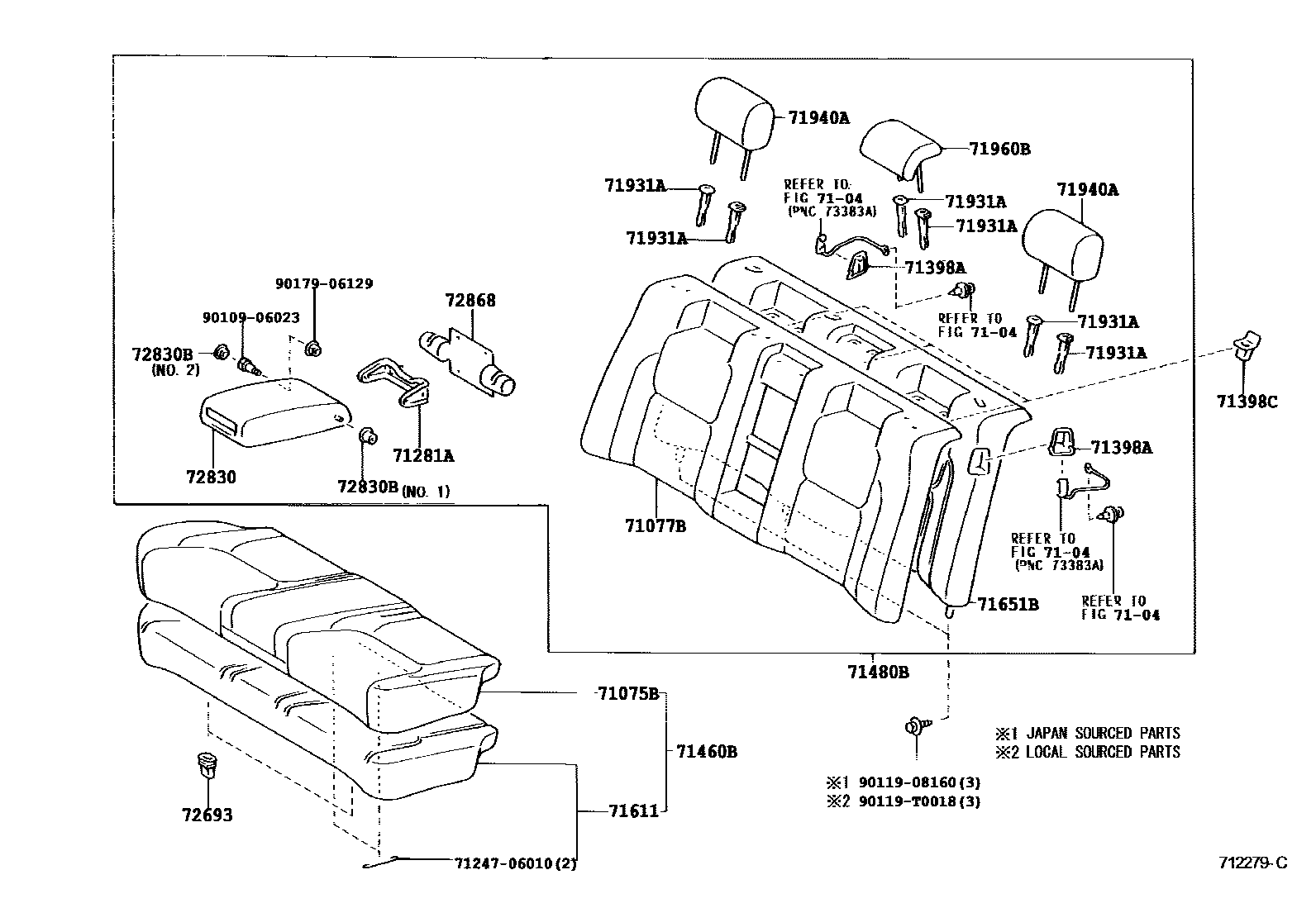 Toyota CAMRY 后排座椅和座椅滑轨 EPC diagram — 712279C