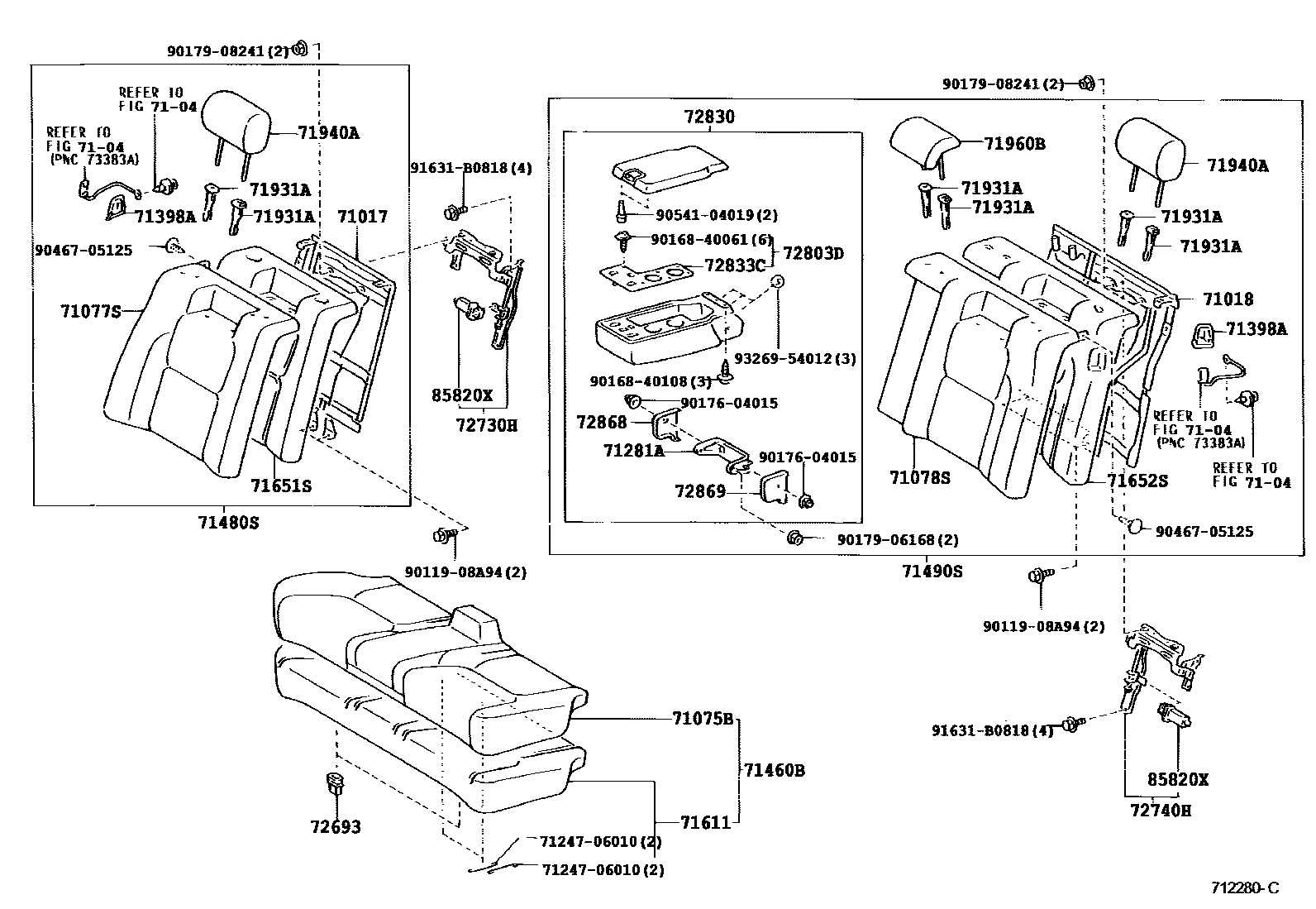 Toyota CAMRY 后排座椅和座椅滑轨 EPC diagram — 712280C