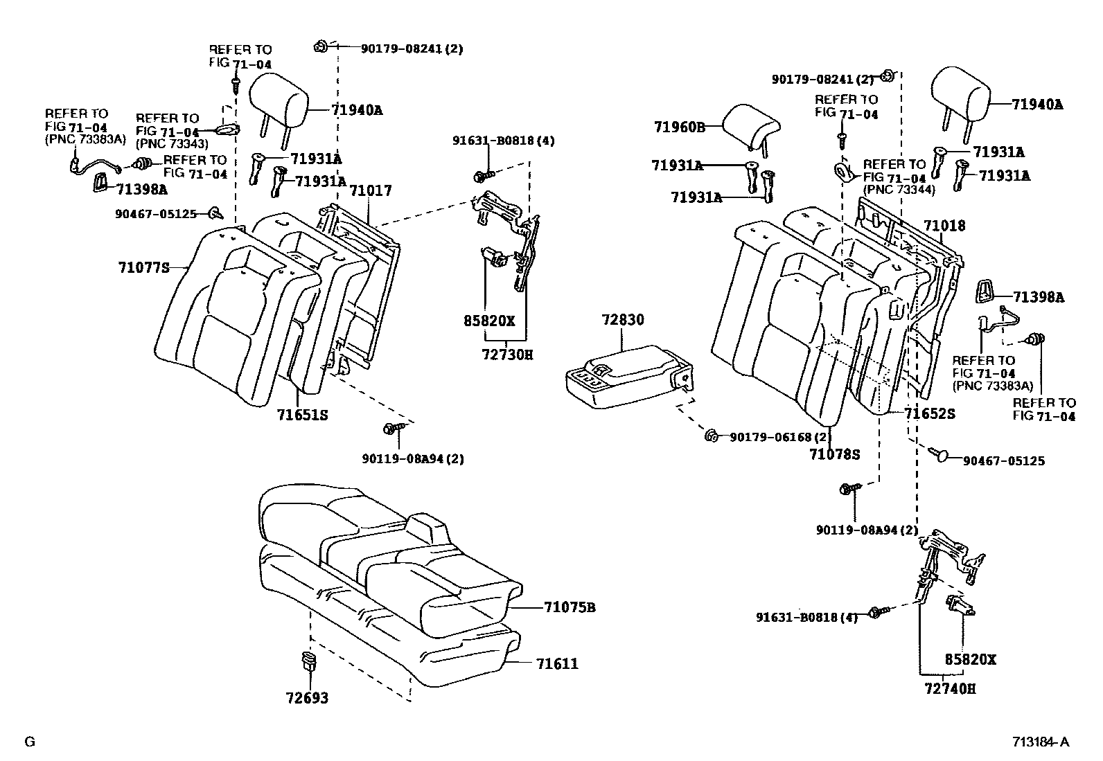Toyota CAMRY 后排座椅和座椅滑轨 EPC diagram — 713184A