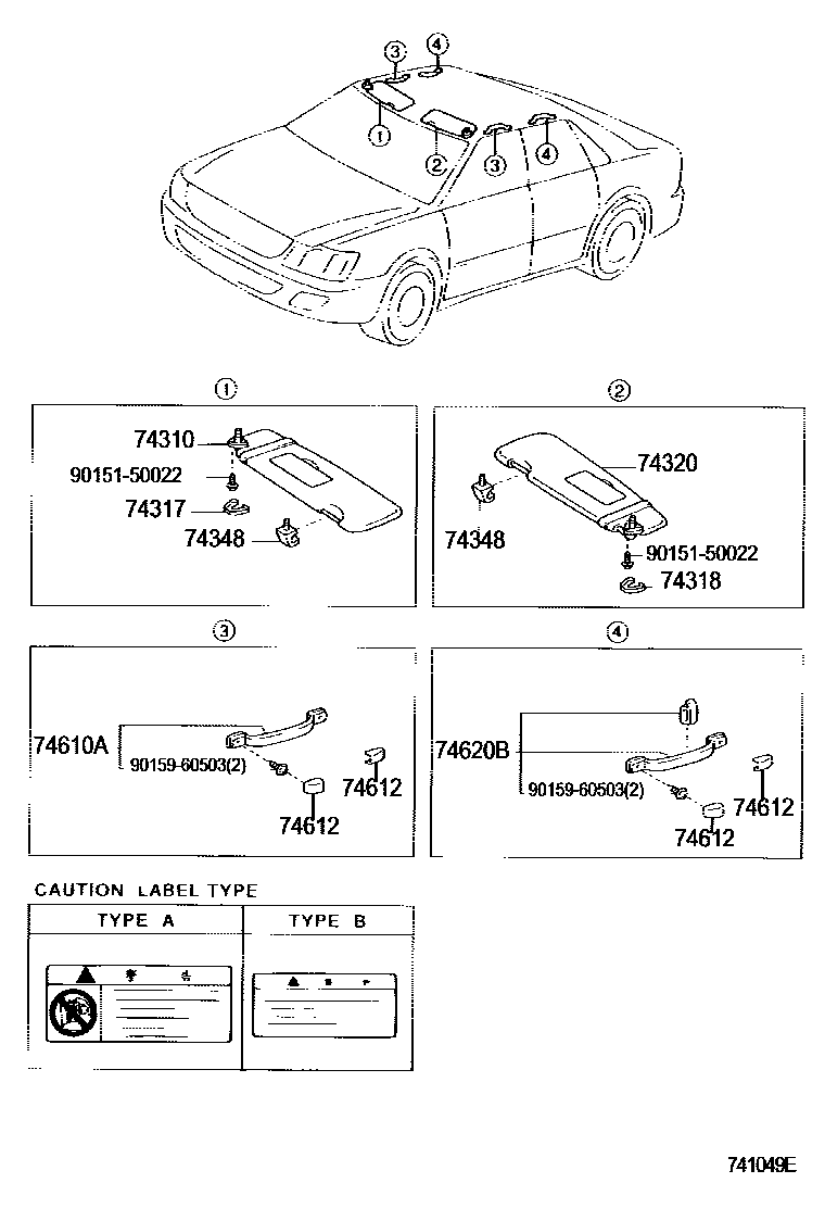 Toyota CAMRY 扶手和遮阳板 EPC diagram — 741049E